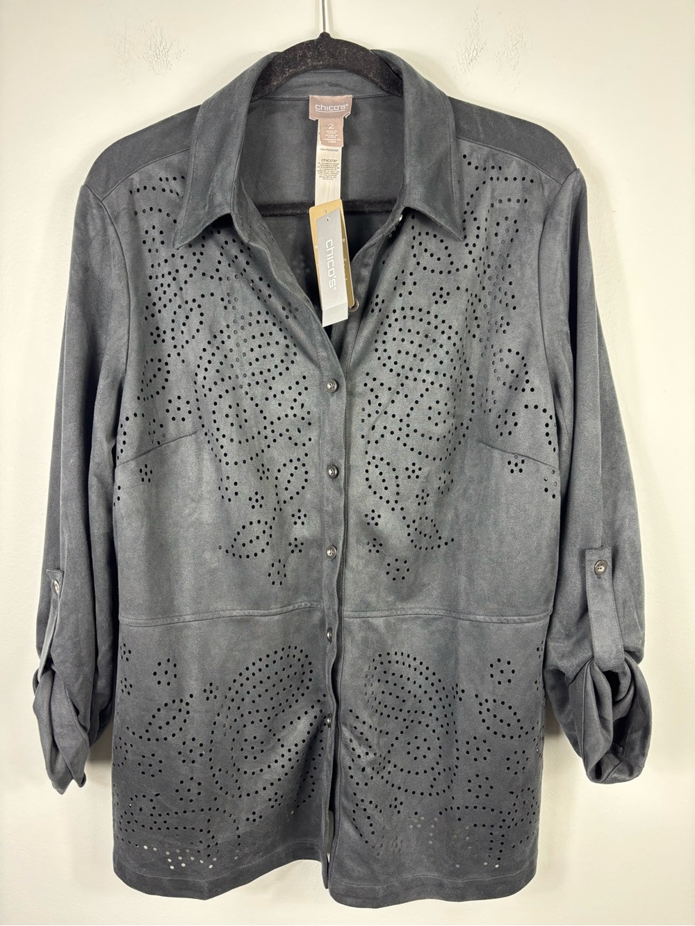 NWT Chico’s Faux Suede Easy Jacket Graphite Gray Laser Cut Perforations Sz 2 - Picture 7 of 7